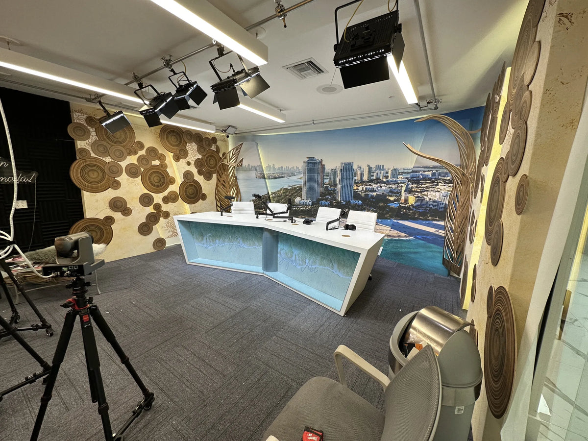 Fully fabricated broadcast studio desk and scenic environment