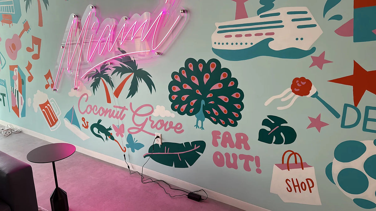 Colorful Miami illustration wrapping an interior feature wall