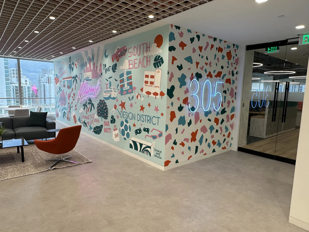 Illustrated office wall wrap across a modern workplace