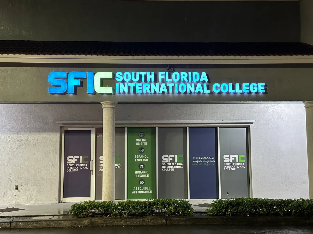 Illuminated SFCI exterior channel-letter sign at night