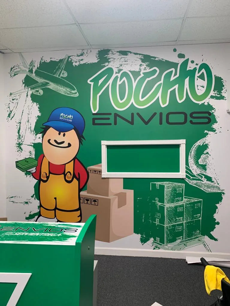 Bold green illustrated brand wall installation